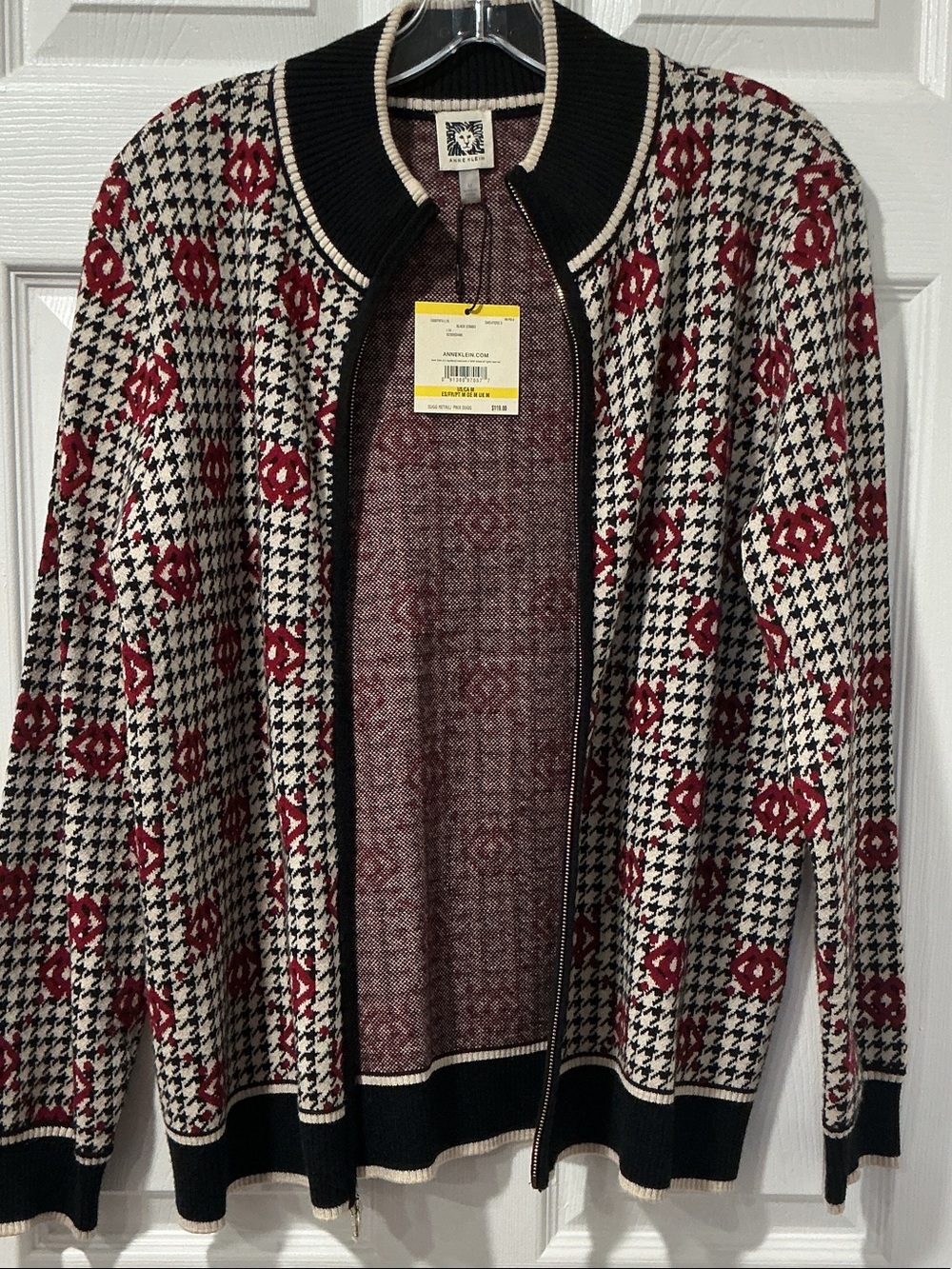 Anne Klein Black, Cream & Red Houndstooth Zip-Up Sweater